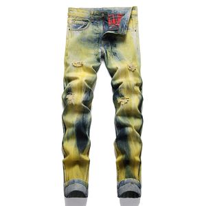 Jeans strappati dipinti blu gialli retrò Pantaloni da uomo in denim elasticizzato slim fit autunno Punk dritto a vita media streetwear casual