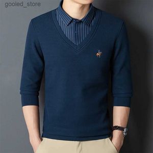 Camisas casuais masculinas nova marca de inverno lã falsa camisola de malha de duas peças negócios casual listrado retalhos engrossado casaco quente para homem q231106