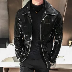 メンズジャケット2023光沢のある革のジャケットステージコスチュームレッドブラックナイトクラブクラブ男性ソリッドカラースリムな男性コート