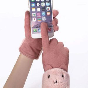 Five Fingers Gloves 1 Pairs Winter Touch Screen Full Finger Cute Bear Mittens Double Thick Plush Leather Warm Faux Cashmere Driving