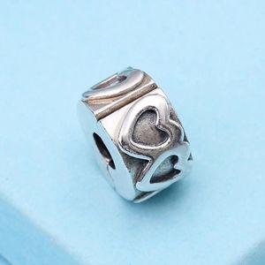 925 Sterling Silver Row of Hearts Clip Stopper Charm Bead Fits European Jewelry Pandora Style Charm Bracelets