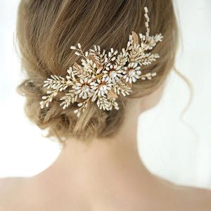 Grampos de cabelo encantadores acessórios de casamento cor dourada flor folha clipe de noiva pente artesanal feminino headpiece