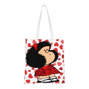 أكياس التسوق أزياء Mafalda Power مع Frud Face Tote Bag Portable Canvas Shopper Quino Kawaii Cartooncor