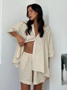 Kvinnors sömnkläder Hiloc Solid Pyjama Set Single-Breasted Home Clothes Three Quarter Sleeve LoungeWear 2023 Shorts Female Set