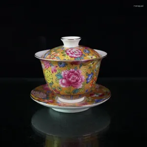 Estatuetas decorativas chinesas de porcelana antiga multicoloridas com padrão floral cobrem uma tigela de chá