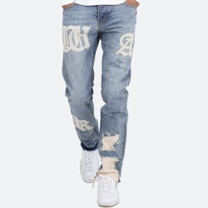 Herrenjeans Vintage Washed Letter Stickerei Zerrissenes Loch Blaue Herrenjeans Gerade Ausgefranste Streetwear Hip Hop Lose Unisex-Denimhose 230406