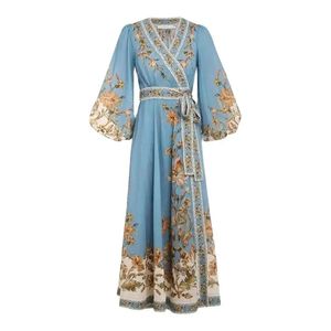 Woman Paisley Floral Blue Maxi Dresses Vintage Designer Puff Sleeve Vacation V-Neck Belted Side Bow Wrap Dress 2023 Spring Autumn Elegant Fit Runway Party Frocks