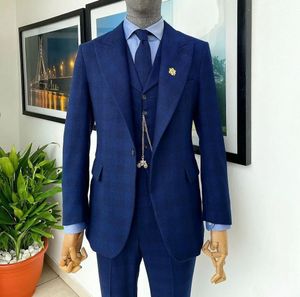 Herrdräkter blazers marinblå mäns anpassade 3-stycksjacka västbyxor en knapp veck med lapel ultratunn affär bröllopsklänningstorlek anpassning 230406