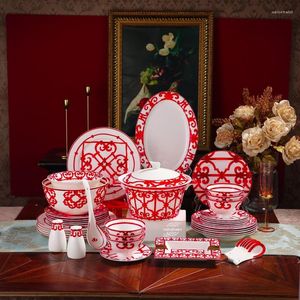 Plates Ltalian Red Iron Window Ceramic Tableware Set 8 Lnch Flat Plate Rice Bowl Large Soup Pot Spoon Home Table Top Deco