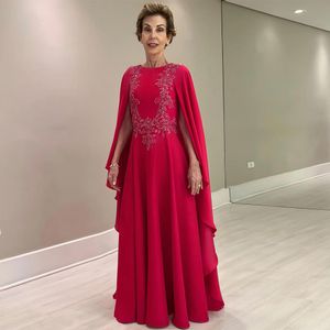 Red Beading Mother Of The Bride Dresses With Cape Wedding Guest Dress Bateau Neckline Sweep Train Rhinestones Evening Gowns