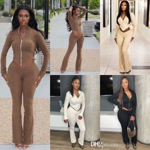 Tracksuit Women Sexy Sweatsuit Clothing 2023 Fall Two Piece Set Solid Color Zipper Spliced Irregular Top V-Waist Tights Flare Pants 2PCS Suit Outfit