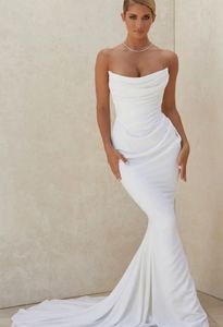 Seksi Uzun Denizkızı Yumuşak Saten Gelinlik Straplez Solsuz Açık Geri Gelin Partisi Elbise Abendkleid Vestidos de Noiva Mariage