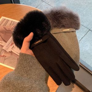 Designer Touch Screen Winter Women's Thick Windproof Plush Cotton Gloves Cycling And Driving Cold Resistant Five Finger Gloves Wholesale Gift