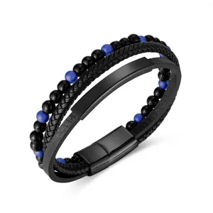 Link pulseiras de aço inoxidável pedra multi-camada mão-tecido pulseira de corda de couro personalizado ágata preta frisada para homens 12mm 8.26inc