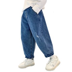 Jeans barn pojkar jeans blå elastisk midja denim byxor 5 6 7 8 9 10 11 12 13 14 år gamla barnkläder lösa avslappnade pojkar byxor 230406