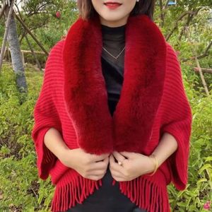 Eşarp Kadınlar Kış Şal Paltosu Örme Kalın Peluş Saçak Hardigan Sahte Kürk Kırıştır