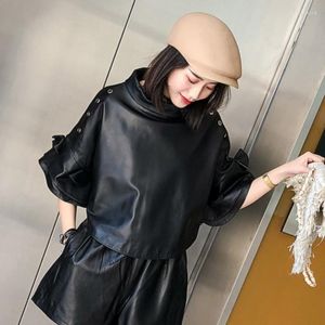 Women's Leather Style Korean Oversized Loose Fit Pullover Genuine Real Lambskin Coat Jackets Batwing Half Sleeve Casaco Feminino Roupa