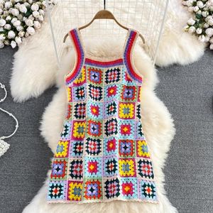 Casual Dresses 2023 Beach Style Loose ColorBlock Hollow Mini Dress Woman Crochet Floral Strap Holiday Plaid Women Vestidos Drop