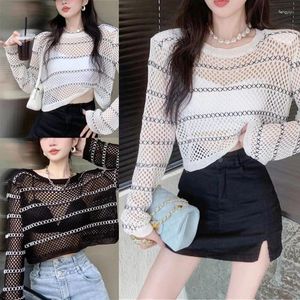 Kobiety swetry dla kobiet w paski siatkowe fishnet puste koszulka okrągła szyja patrz przez pullover sweter crop top street odzież klubowa