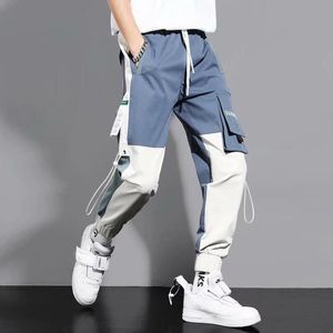 New Fashion Men Ribbons Color Block Black Pocket Cargo Pants Joggers Harajuku Sweatpant Hip Hop Trousers Men Sweatpants S-5XL