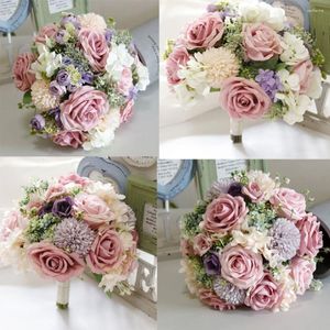 Flores de casamento artesanais buquês de rosas de seda para noiva suporte falso buquê acessórios de noiva