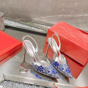 Top Rene Caovilla Fashion Sandals Designer High Heels 7,5 cm Frauen Hochzeitsschuhe Kristalldekoration Real Leder Zehen Spitzer Knöchelschnalle Kleid Schuh 76 925