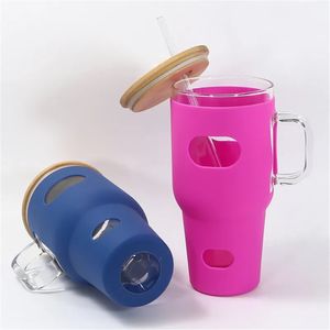 32oz Glass Tumbler with Straw and Bamboo Lid Glass Water Bottles with Handle Reusable Cup with Silicone Sleeve for Iced Coffee BPA Free Fast
