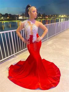 Luxury Lace Appliques MermaidRed Prom Dresses For Black Girl 2023 One Shoulder Beads Tassels Party Gowns Robe De Bal