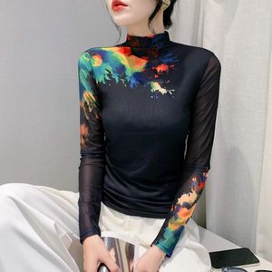 Женские футболки M-4XL, осень 2023, модная европейская одежда, футболка для девочек, элегантная тонкая водолазка с длинными рукавами и принтом, сетчатые топы