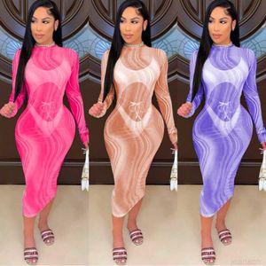 Women Designers Clothes 2023 personalized rainbow printing long sleeve tight buttock skirt sexy perspective mesh dress for women