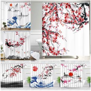 Shower Curtains Ink plant flower shower curtains red plum Japanese cherry blossom shower curtains watercolor printing modern white bathroom decoration set 230406