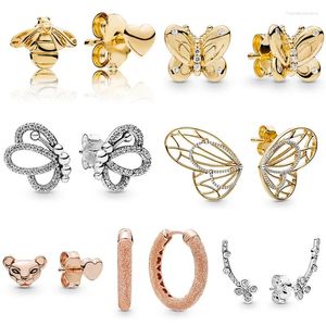 Studörhängen 925 Sterling Silver Earring 7 Style med Rose Gold Bee Butterfly Lion Crystal For Women Jewelry