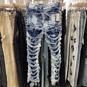 Jeans da uomo danneggiati e cuciture a brandelli High Street Hip-hop Trendy Fashion Pants T230406