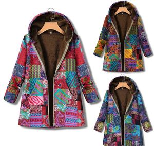 Lã feminina 2023 inverno vintage casaco feminino impressão quente grosso velo com capuz jaqueta longa com bolso senhoras outwear solto para