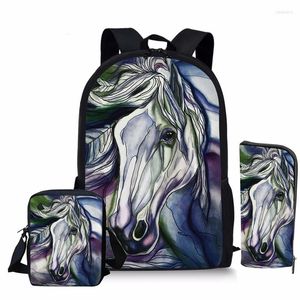 Skolväskor 3D Crazy Horse Print ryggsäck Uppsättning för tonårspojkar Girls Cool Kids Bagpack Primär Student Animal Book Bag