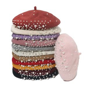 Berats Frauen Maler Cap Female Pearl Dot Drill Künstlerische Hüte Klassische Britische Zeitungsjunge Hut Herbst Winter Wollkappen Beret Boina Casual Elastic Barett BC563