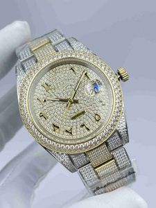 Iced out men watch stainless steel 41mm shiny diamond 2tone gold case automatic smooth sweeping hands diamonds everythere in buckle high quality