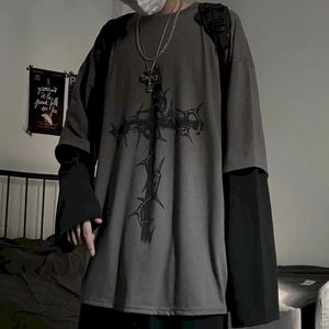 Men's T-Shirts T-shirt Cross of Thorns fake two-piece for men women long-sleeved dark hip-hop loose large size autumn trend top Simplicity 230406