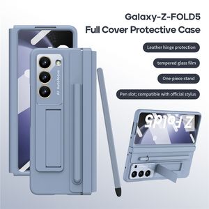 Lyxmembran gångjärn vogue telefonfodral för Samsung Galaxy folding z fold5 5g Business Full Protective Tempered Film Leather Stylus Fold Shell With Pen Slot Holder