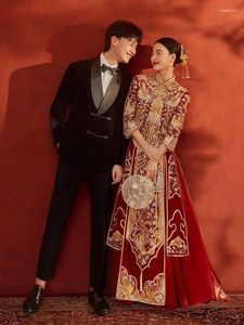 Этническая одежда Yourqipao Красный бархат Xiuhe 2023 Невеста Китайские свадебные платья Древнее свадебное платье для тостов Женские платья Hanfu