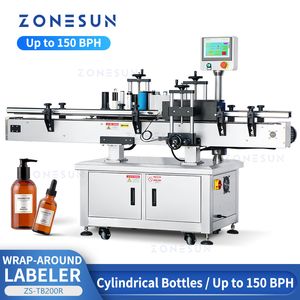 ZONESUN Industrial Equipment Automatic Wrap Around Labeler Round Cylindrical Bottle Vial Jar Can Tin Drinks Detergent Labeling Machine ZS-TB200R