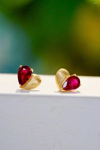 Stud Earrings Woman Fashion Jewelry AU750 Natural 18K Gold Ruby Wire Drawing Ear Studs Love