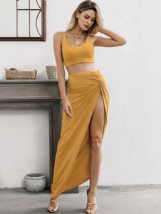 Skirts Close De Moda Sling Tube Top Mid-Length Solid Color High Slit Two-Piece Women's Suit Summer Long Skirt