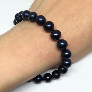 Strang Einzigartige schwarze Süßwasser-Zuchtperle 7-8 8-9 mm Natürliche ungefähre runde Perlen Armband Hochwertiger Schmuck 7,5 Zoll B1524