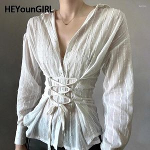 Женские блузки HEYounGIRL, хлопковые женские минималистичные рубашки с повязками, приталенной талией, шикарная эстетичная блузка с длинными рукавами, топ, футболка с отложным воротником