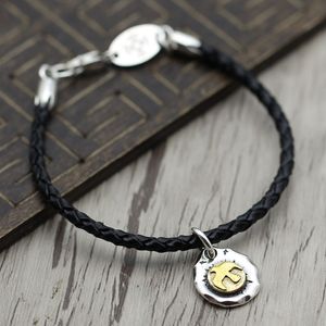 D6 Bracciale in argento sterling S925 Trend Bracciale in pelle nera Croce Fiore Lettera Personalizzato Punk Hip Hop Stile gioielli Regalo per gli amanti