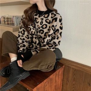 Kvinnors tröjor Vintage Loose Bottom Pullovers O Neck Long Sleeve Leopard tröja Kvinnor Knitkläder Print Tops Casual Autumn Orasted