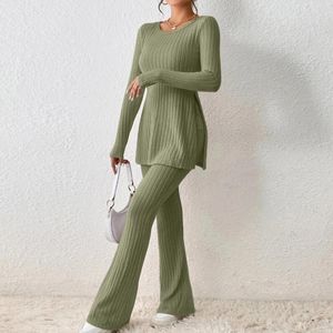 Kadınlar İki Parçalı Pantolon Kadın 2 Salon Giysileri O Boyun Bölünmüş Hem Uzun Kol Üstleri Geniş Bacak Palazzo Pantolon Seti Basit İnce Fit Eğik