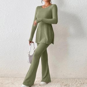 Kvinnors tvåbitar byxor kvinnor 2 loungewear outfits o nack split hem långärmad toppar bred ben palazzo byxa set enkel smal fit slouchy