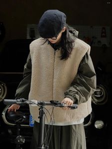 Women's Vests Japanese Vintage Comfortable Lambswool Vest Winter Versatile Simple Loose Cold-Proof Warm Zipper Waistcoat